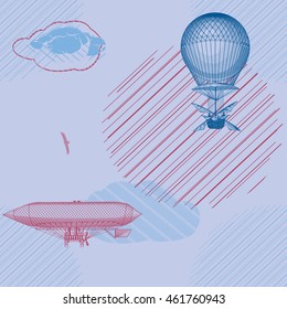 Airship vintage retro, vector seamless pattern. Lilac.