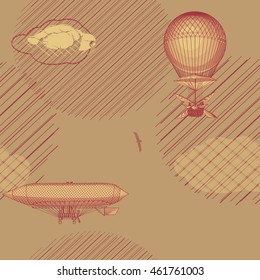 Airship vintage retro, vector seamless pattern. Bronze.