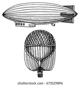 airship or zeppelin and dirigible or blimp, air balloon or aerostat illustration. For travel. engraved hand drawn in old sketch style, vintage transport.