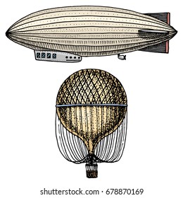 airship or zeppelin and dirigible or blimp, air balloon or aerostat illustration. For travel. engraved hand drawn in old sketch style, vintage transport.