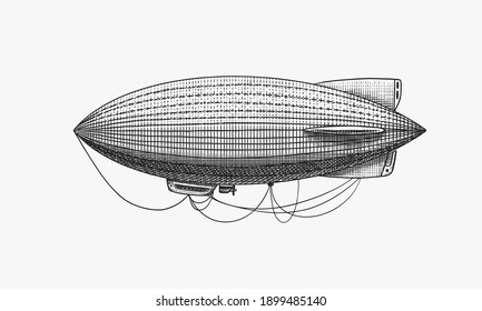 Airship or zeppelin and dirigible or blimp. Engraved hand drawn in old sketch style, vintage transport.