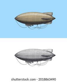 Airship or zeppelin and dirigible or blimp. Engraved hand drawn in old sketch style, vintage transport.