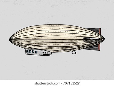 Airship Or Zeppelin And Dirigible Or Blimp. For Travel. Engraved Hand Drawn In Old Sketch Style, Vintage Transport.