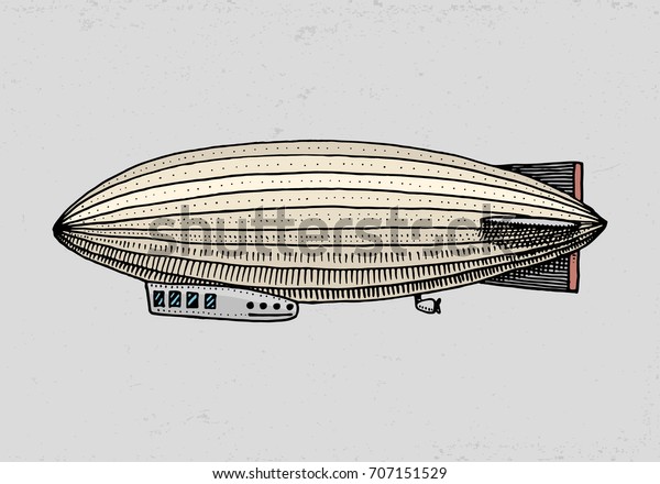 飛行船 ゼッペリン 飛行船 水泡飛行船 旅行 古いスケッチスタイルで描かれた刻印された手 ビンテージ輸送 のベクター画像素材 ロイヤリティフリー