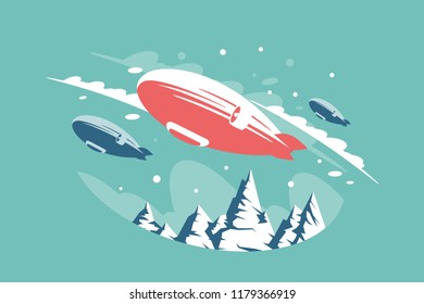 Airships in air above snowy mountains.