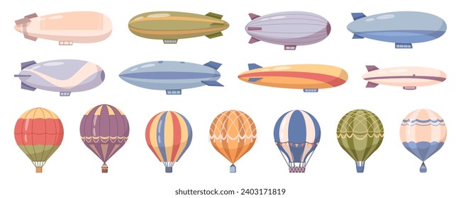 Airships and dirigible, hot air balloons transport with cabin and basket. Vector old aerial transportation, colorful aircraft aviation icons. Vintage transport with propeller, zeppelin in sky