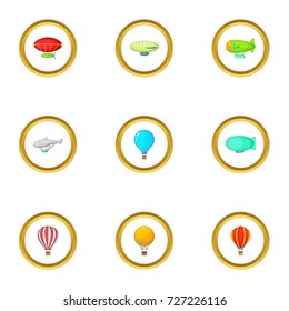 Airships icons set. Cartoon style set of 9 airship vector icons for web design