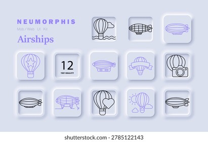 Airships set icon. Balloon, blimp, zeppelin, flight, sky, air, travel, transport, aviation, banner, camera, clouds, journey, adventure, altitude.