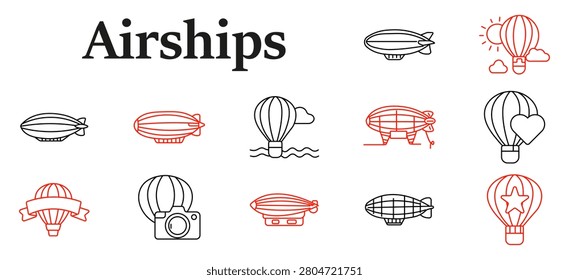 Airships set icon. Zeppelin, balloon aircraft, flying transport, aviation tourism, airborne adventure, travel technology, floating vehicle illustration collection.