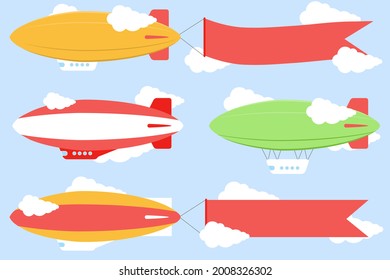 Airships, set of multi-colored airships. Vector illustration. Vector.