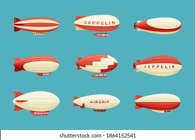 Airships set. Retro zeppelin with red white stripes cabins for passengers elongated huge balloons with helium for free travel.