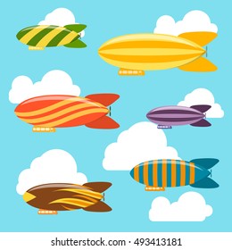 Airships in the Sky Background. Dirigible Travel Transportation. Flat Design Style. Vector illustration of Cartoon Dirigibles Fly Pattern, Retro Transportation Concept. Vintage Airship Random Color