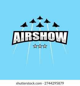 airshow logo featuring fighter jet aircraft flying in formation with smoke trails illustration design