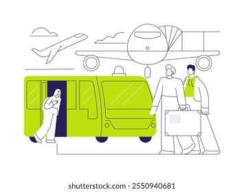 Airside transfer abstract concept vector illustration. Group of passengers using terminal transfer, people in airport bus, airway transportation, commercial air transport abstract metaphor.