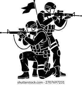 Ilustración vectorial de la silueta del jugador de Airsoft en la postura táctica