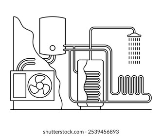 Air-source heating pump scheme - very efficient way to heat and cool buildings diagram, in thin line