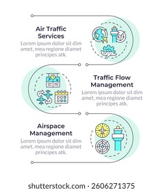 Airspace management infographic vertical sequence. Flights control, aircrafts tracking. Visualization infochart with 3 steps. Circles workflow