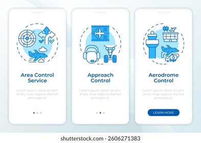Airspace traffic control blue onboarding mobile app screen. Walkthrough 3 steps editable graphic instructions with linear concepts. UI, UX, GUI