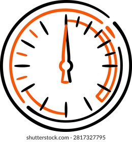 Airspeed indicator gauge icon with split orange and black needle and tick marks for speed measurement in black and orange minimalist hand drawn line art style