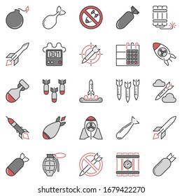 Kollektion von Symbolen für Luftschlag und Vektorillustration von Flugkörpern. Zeichen für Atombomben und Dynamit