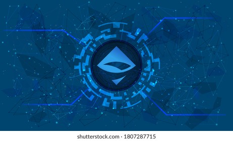 AirSwap AST token symbol of the DeFi project in a digital circle with a cryptocurrency theme on a blue background. Cryptocurrency icon. Decentralized finance programs. Copy space. Vector EPS10.