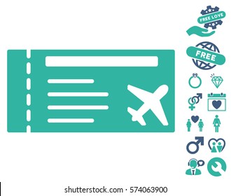 Airticket icon with bonus lovely images. Vector illustration style is flat iconic cobalt and cyan symbols on white background.