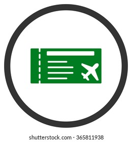 Airticket vector icon. Style is bicolor flat circled symbol, green and gray colors, rounded angles, white background.