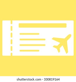 Airticket vector icon. Style is flat white symbol, rounded angles, yellow background.