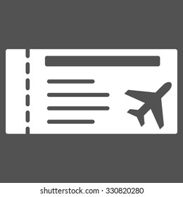Airticket vector icon. Style is flat white symbol, rounded angles, gray background.