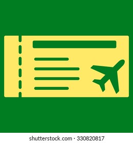 Airticket vector icon. Style is flat yellow symbol, rounded angles, green background.