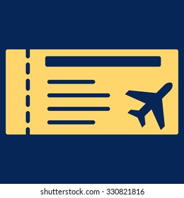 Airticket vector icon. Style is flat yellow symbol, rounded angles, blue background.