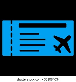 Airticket vector icon. Style is flat blue symbol, rounded angles, black background.