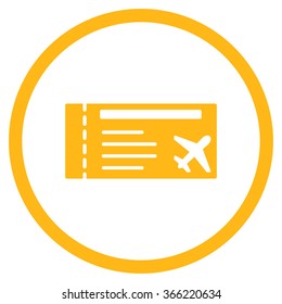 Airticket vector icon. Style is flat circled symbol, yellow color, rounded angles, white background.