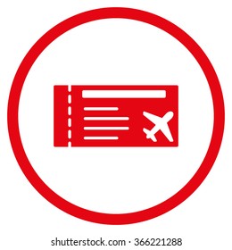 Airticket vector icon. Style is flat circled symbol, red color, rounded angles, white background.