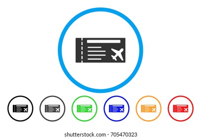 Airticket vector rounded icon. Image style is a flat gray icon symbol inside a blue circle. Bonus color variants are grey, black, blue, green, red, orange.