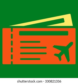 Airtickets vector icon. Style is flat bicolor orange and yellow symbol, rounded angles, green background.