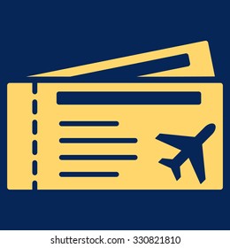 Airtickets vector icon. Style is flat yellow symbol, rounded angles, blue background.