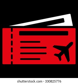 Airtickets vector icon. Style is flat bicolor red and white symbol, rounded angles, black background.