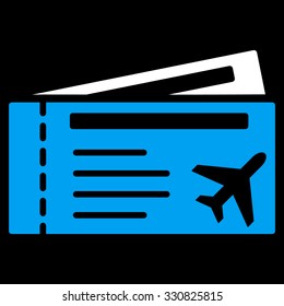 Airtickets vector icon. Style is flat bicolor blue and white symbol, rounded angles, black background.