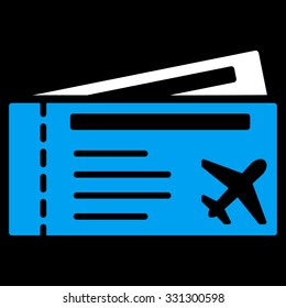 Airtickets vector icon. Style is flat bicolor blue and white symbol, rounded angles, black background.