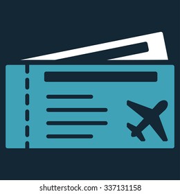 Airtickets vector icon. Style is flat bicolor blue and white symbol, rounded angles, dark blue background.