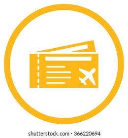 Airtickets vector icon. Style is flat circled symbol, yellow color, rounded angles, white background.