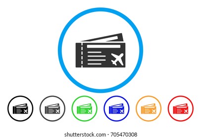Airtickets vector rounded icon. Image style is a flat gray icon symbol inside a blue circle. Bonus color versions are gray, black, blue, green, red, orange.