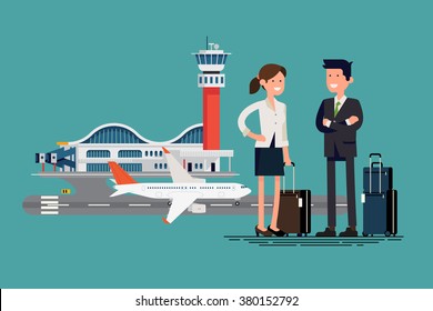 Airway Business Travel Vector. Business Trip Cool Flat Illustration. Business Man And Woman Ready To Board On Jet Liner Plane At Airport Terminal. Business Characters Couple With Hand Luggage Standing