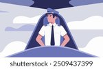 Airway transportation abstract concept vector illustration set. Aircraft pilot in uniform in cockpit during flight, cruising altitude, landing airplane, arrival at airport.