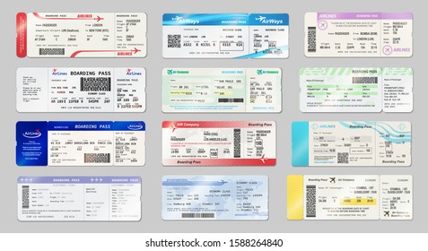 Billetes de avión y maquetas de tarjetas de embarque. Empresa Vector avia que viaja por documentos de avión con la hora de salida y llegada, número de asiento y fecha. Tarjeta de embarque Avia con símbolo QR2 o código de barras