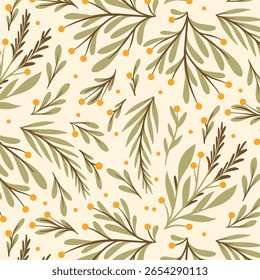 Airy Autumn Foliage Seamless Pattern with Olive Green Leaves and Yellow Berries on Cream Background