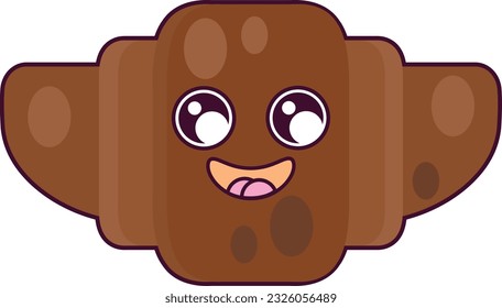 Airy chocolate croissant with sweet filling Smiling Character. Cheerful mascot of children holiday and tea party. Simple colored flat vector icon isolated on white background