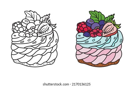 Airy dessert with strawberries, raspberries and blueberries. Illustration for coloring