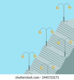 Airy fresh illustration of outdoors grey stairs and bulb lanterns with warm light on blue background and free space for your text
